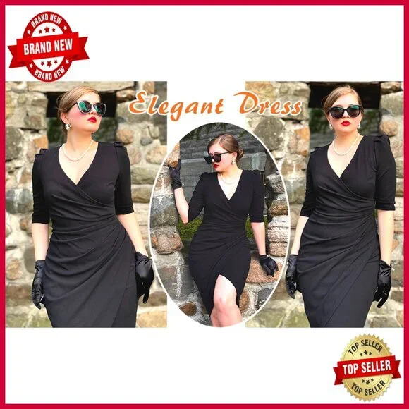 Sexy V Neck 3/4 Sleeve Faux Wrap Ruched Sheath Bodycon Party Cocktail Dress - Picture 5 of 7